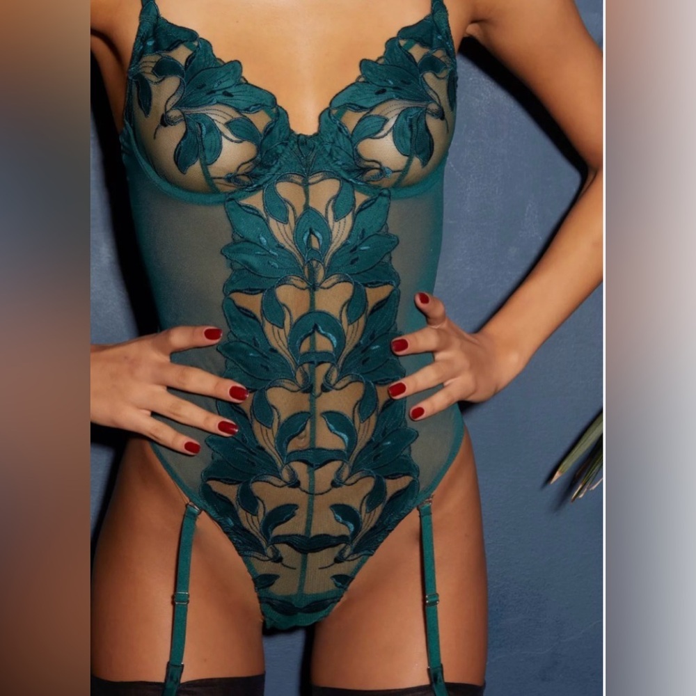 Fleur du Mal Lily Satin-trimmed Embroidered Tulle Thong Bodysuit large